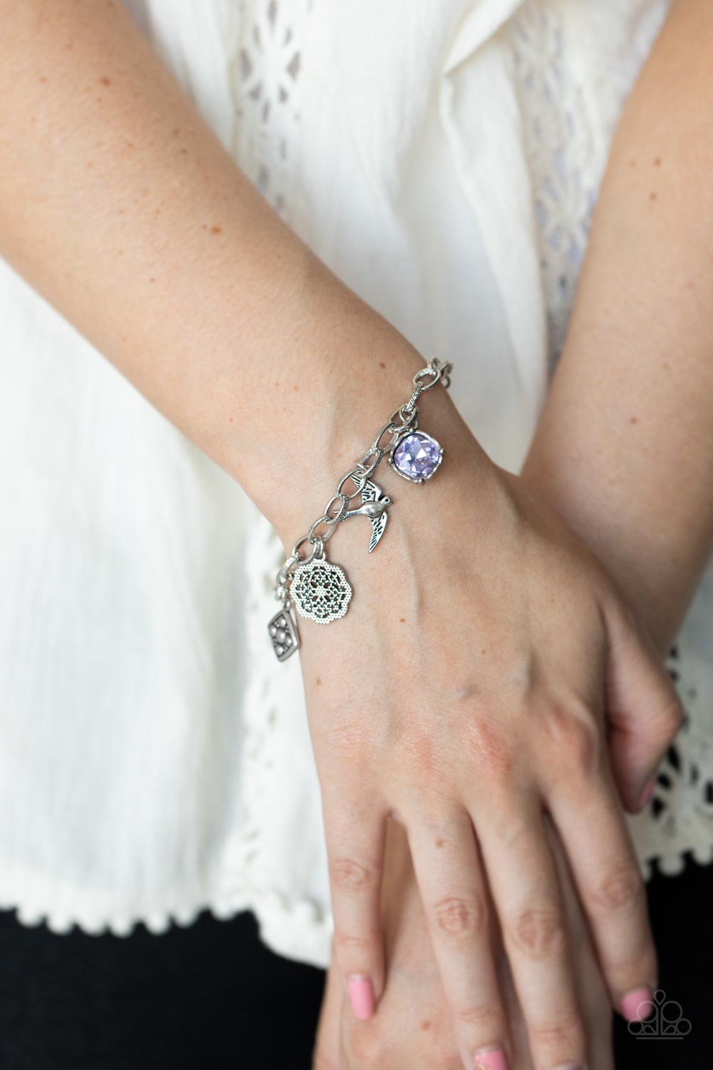 FANCIFULLY FLIGHTY - PURPLE AMETHYST RHINESTONE CHARM BRACELET