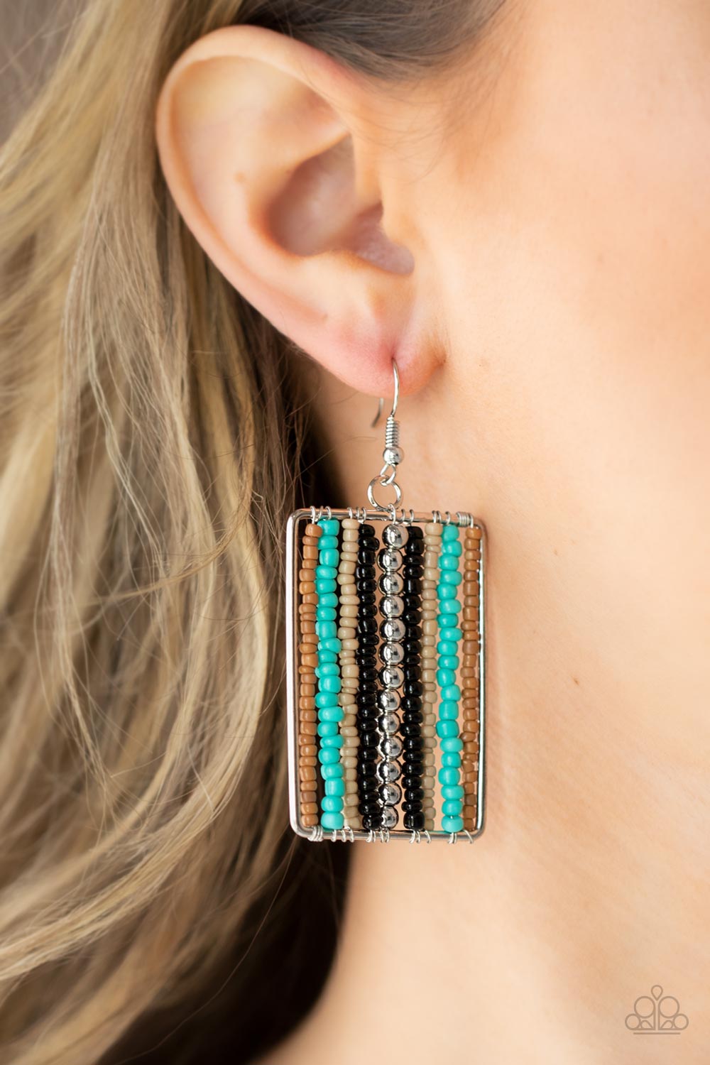 BEADWORK WONDER - BLACK BLUE AND BROWN SEED BEAD RECTANGLE SILVER FRAME EARRINGS