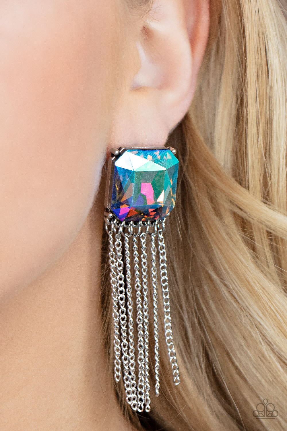SUPERNOVA NOVELTY - MULTI OIL SPILL IRIDESCENT SQUARE RHINESTONE SILVER FRINGE LIFE OF THE PARTY EARRINGS