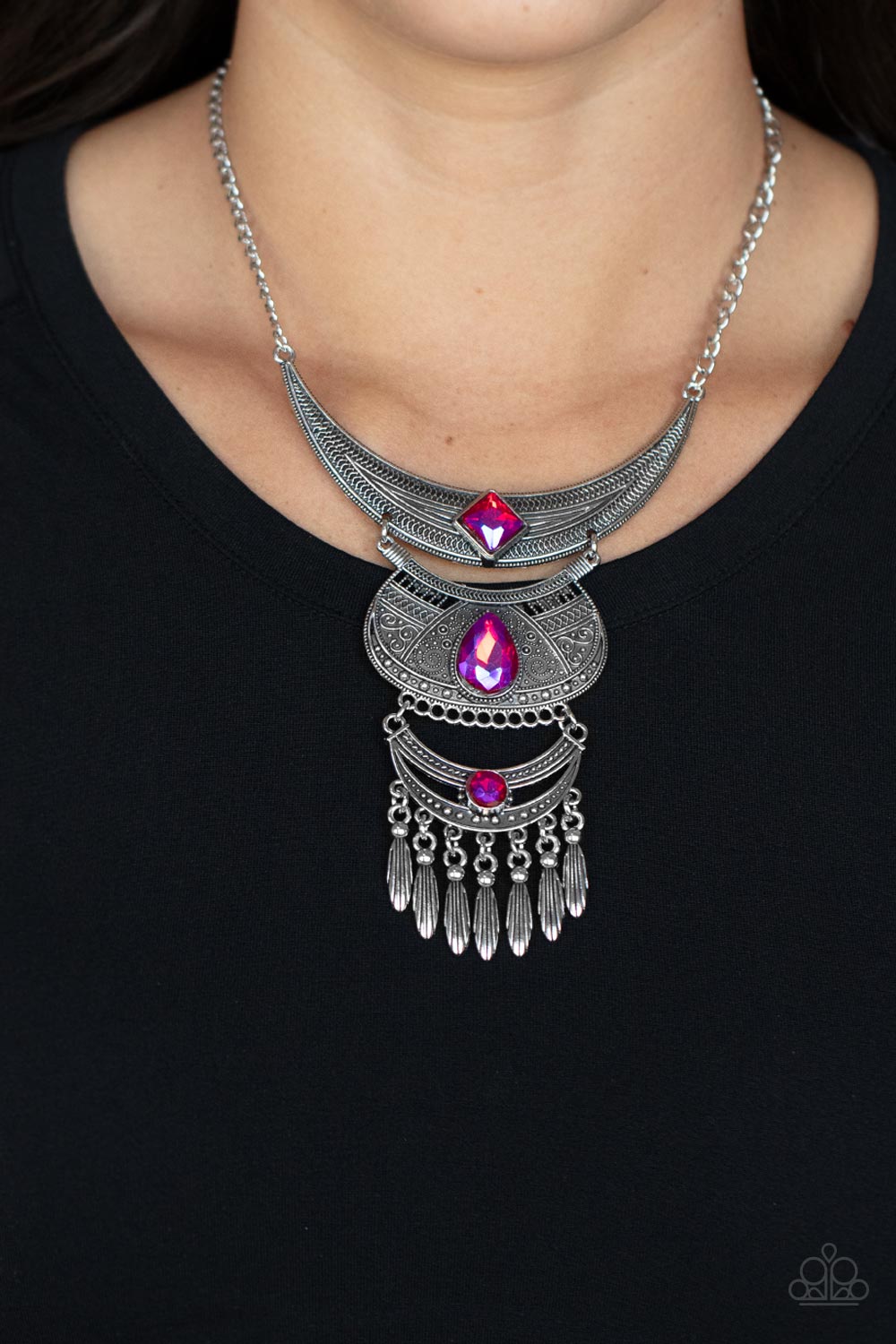 LUNAR ENCHANTMENT - PINK UV SHIMMER IRIDESCENT 3 CRESCENT FRINGE NECKLACE