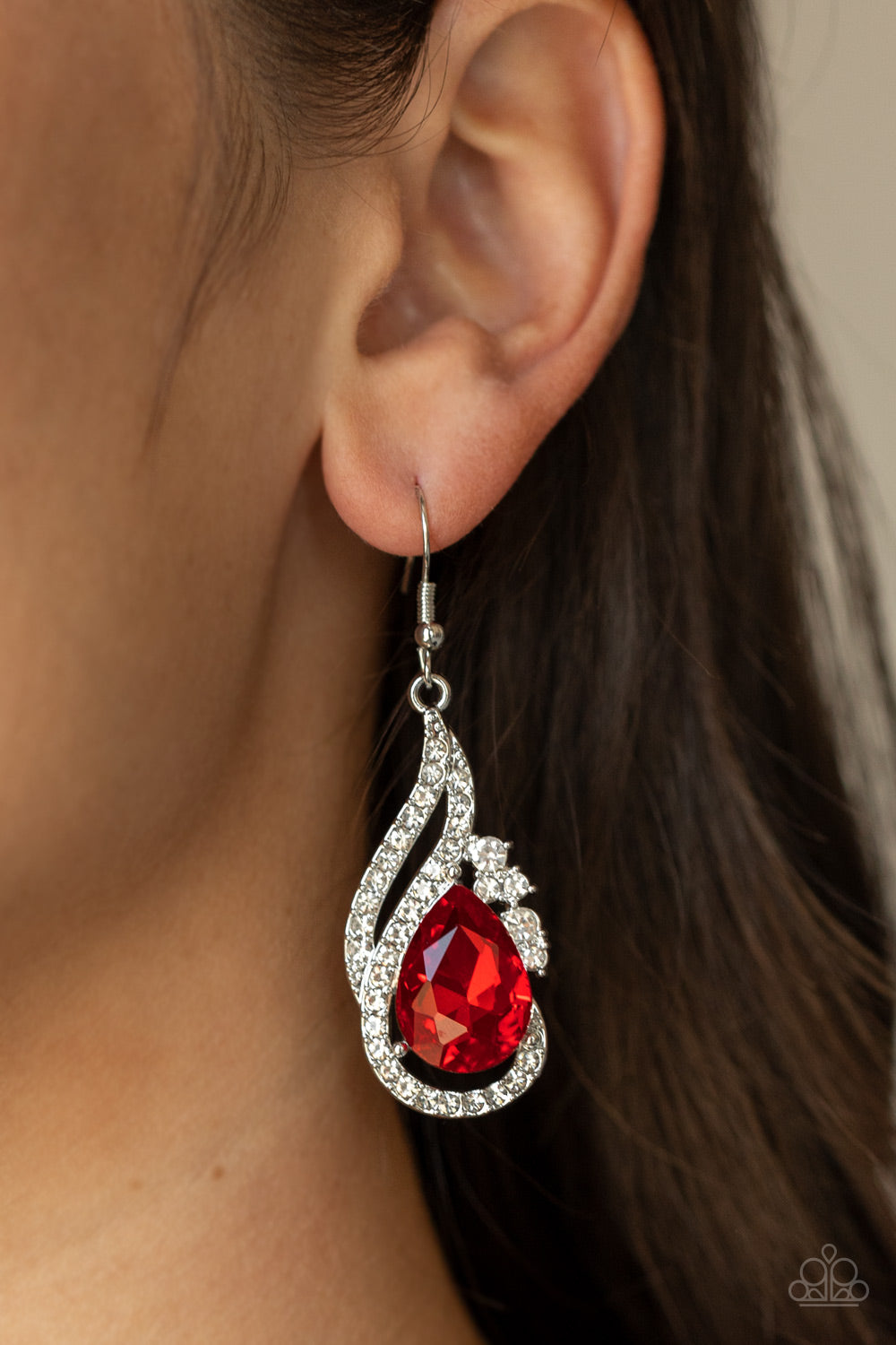 DANCEFLOOR DIVA - RED RUBY RHINESTONES TEARDROP PENDANT EARRINGS