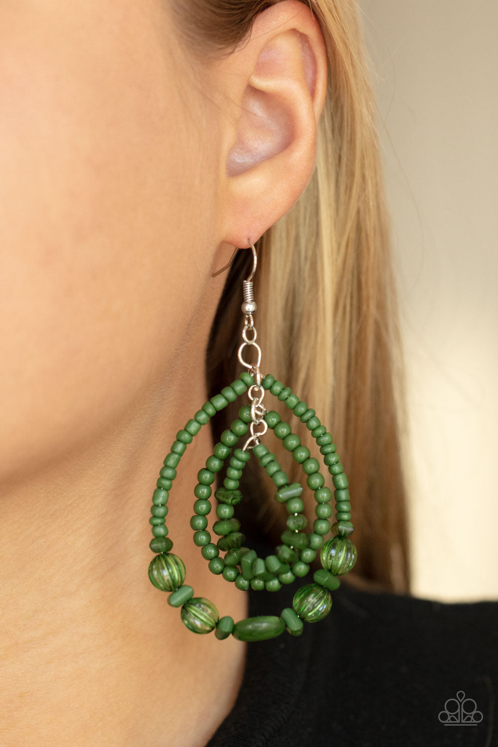 PRANA PARTY - GREEN BEADS TRANSLUSCENT TRIPLE TEARDROP EARRINGS