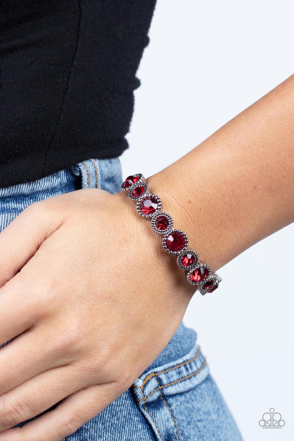 PHENOMENALLY PERENNIAL - RED RUBY RHINESTONES STRETCH TENNIS BRACELET