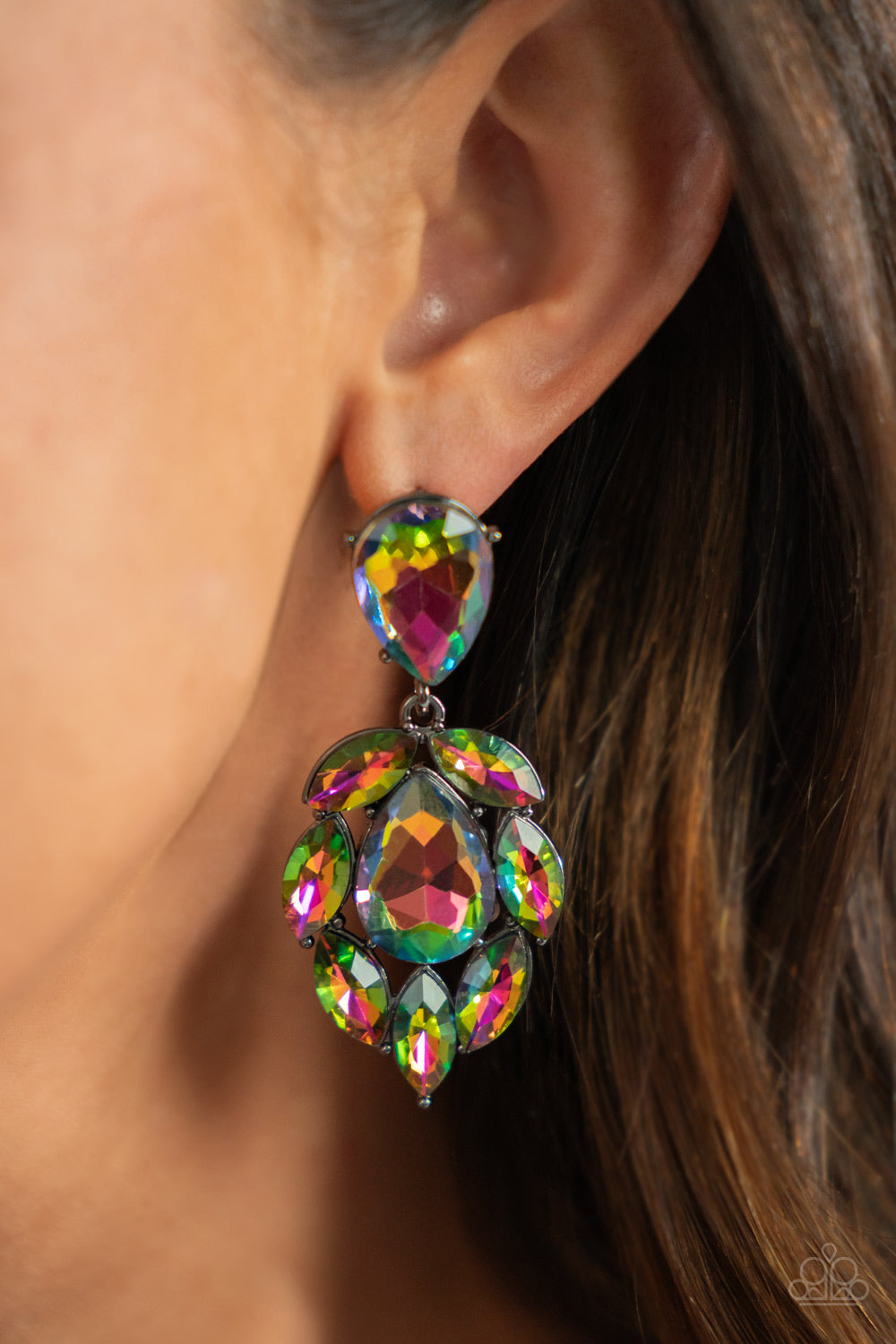 GALACTIC GO-GETTER - MULTI OIL SPILL IRIDESCENT FIRE RAINBOW TOPAZ RHINESTONES LIFE OF THE PARTY POST EARRINGS