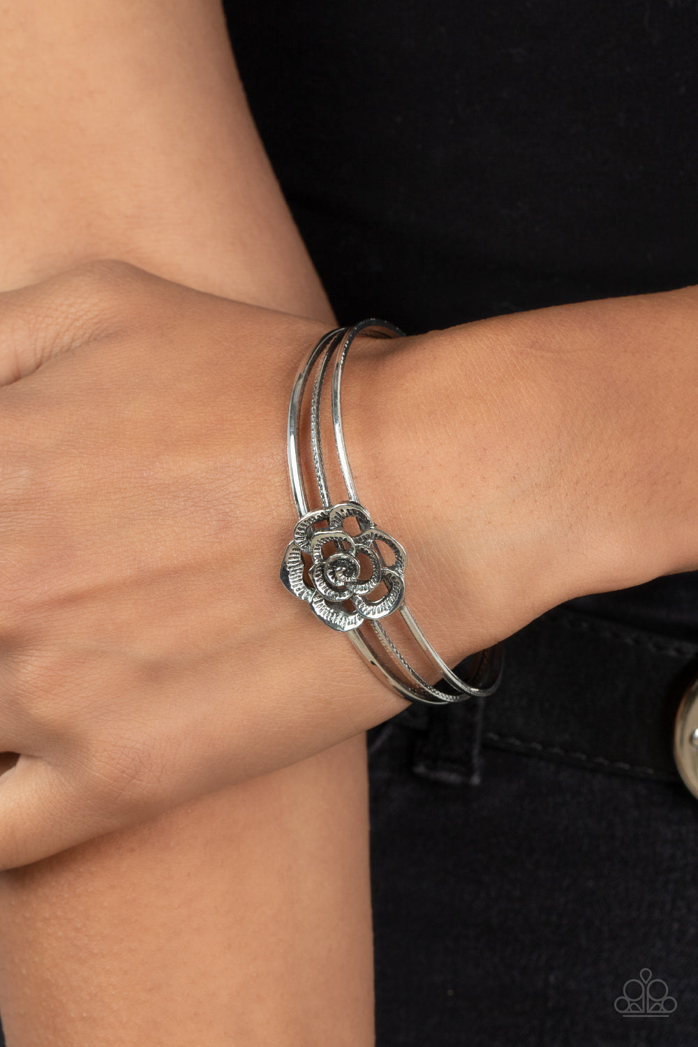 ROSY REPOSE - SILVER ROSE CUFF BRACELET