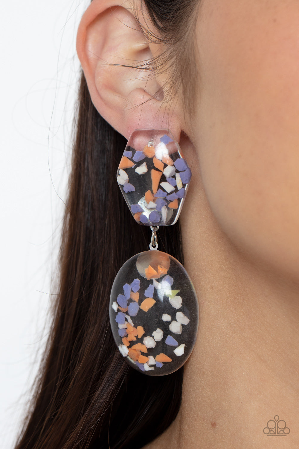 FLAKY FASHION - ORANGE AND PURPLE CLEAR ACRYLIC EARRINGS