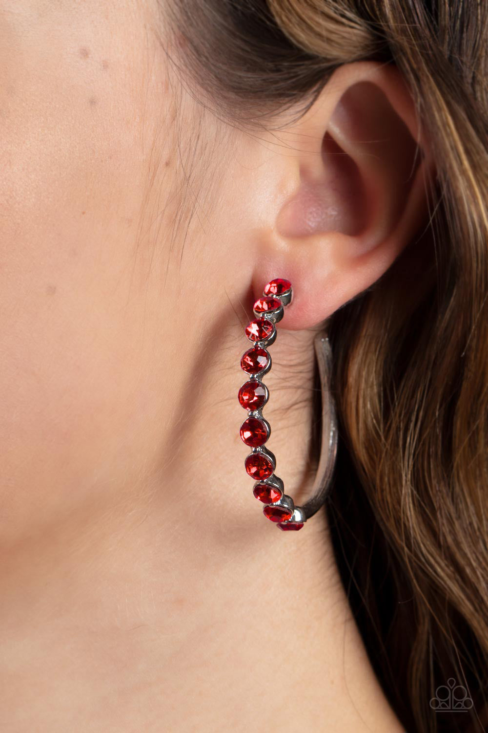 PHOTO FINISH - RED RUBY RHINESTONES SILVER HOOP EARRINGS