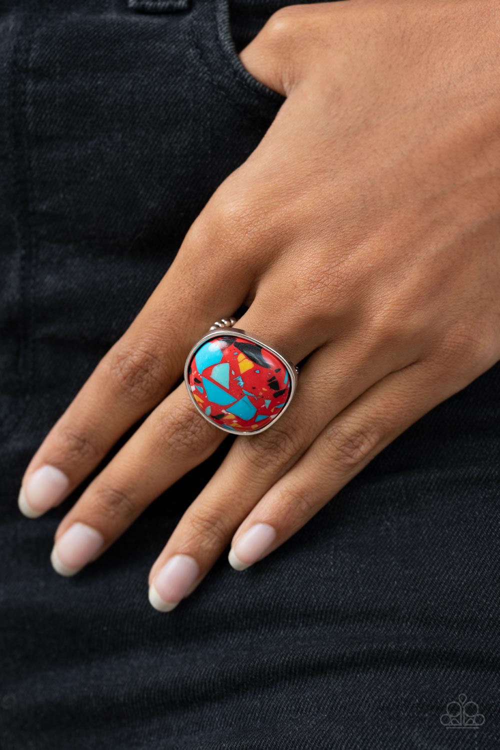 AESTHETICALLY AUTHENTIC - RED MOZAIC MULTI COLOR STRETCH RING