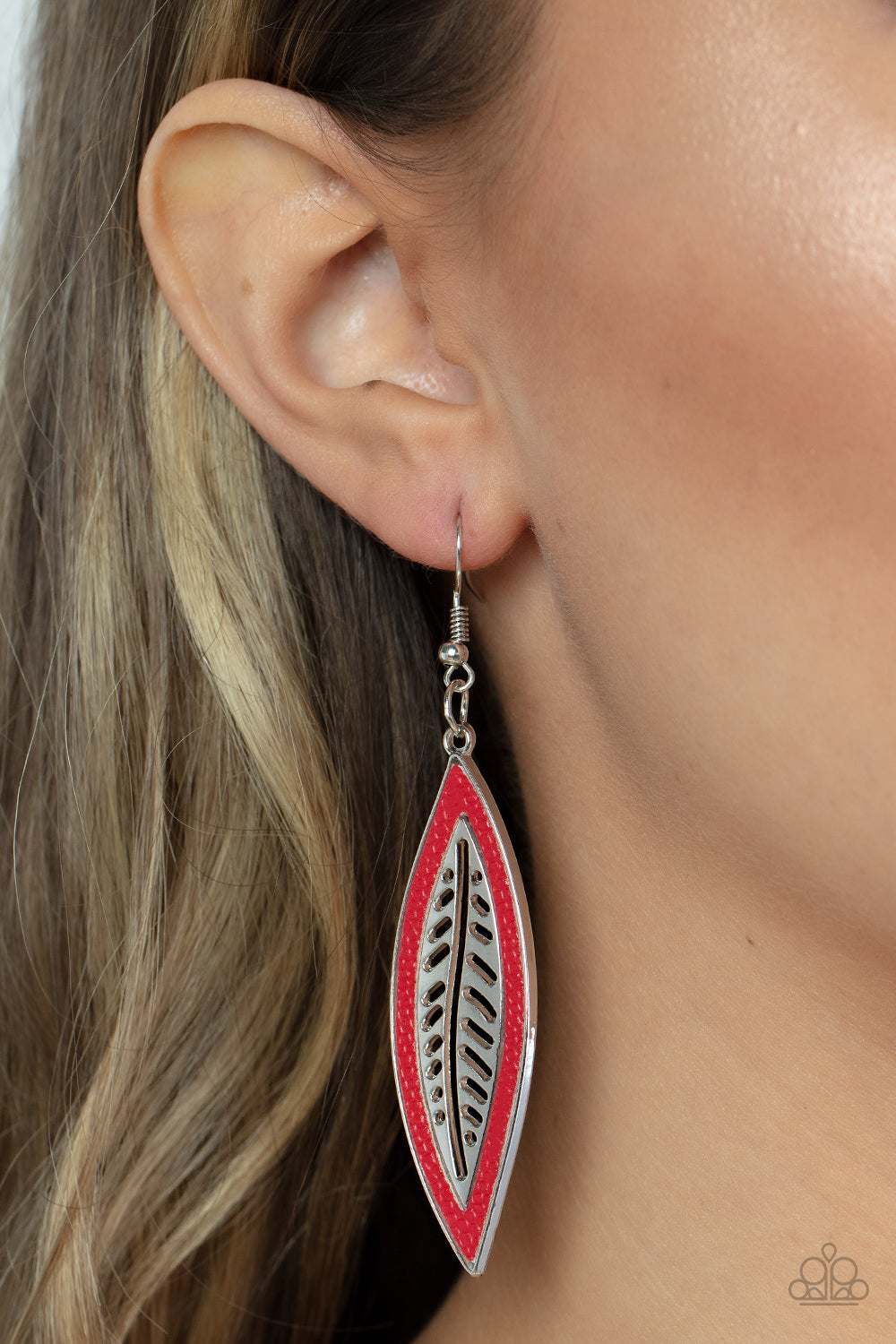 LEATHER LAGOON - RED LEATHER TRIMMED SILVER LEAF EARRINGS