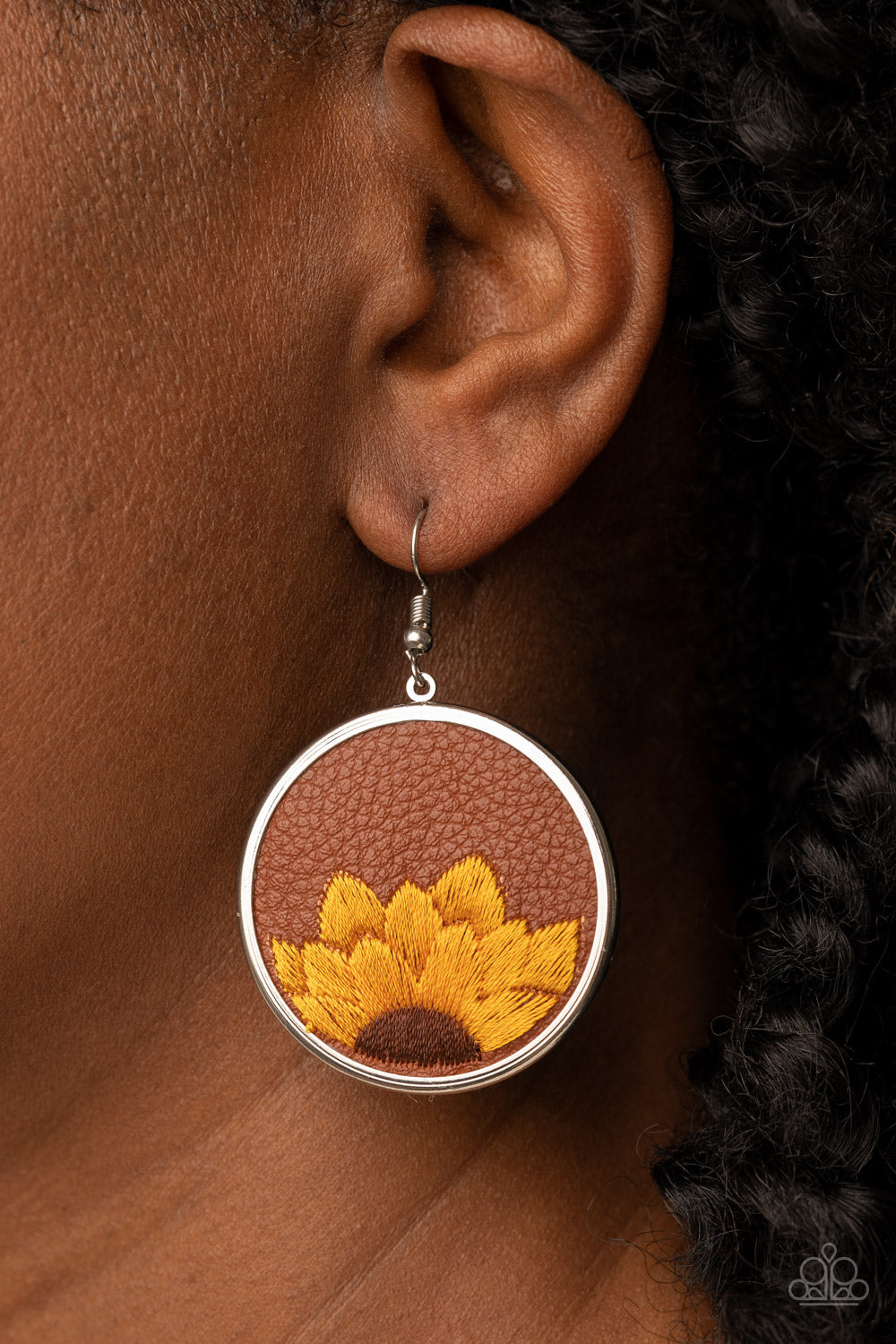 SUN-KISSED SUNFLOWERS - BROWN LEATHER YELLOW EMBROIDERED EARRINGS
