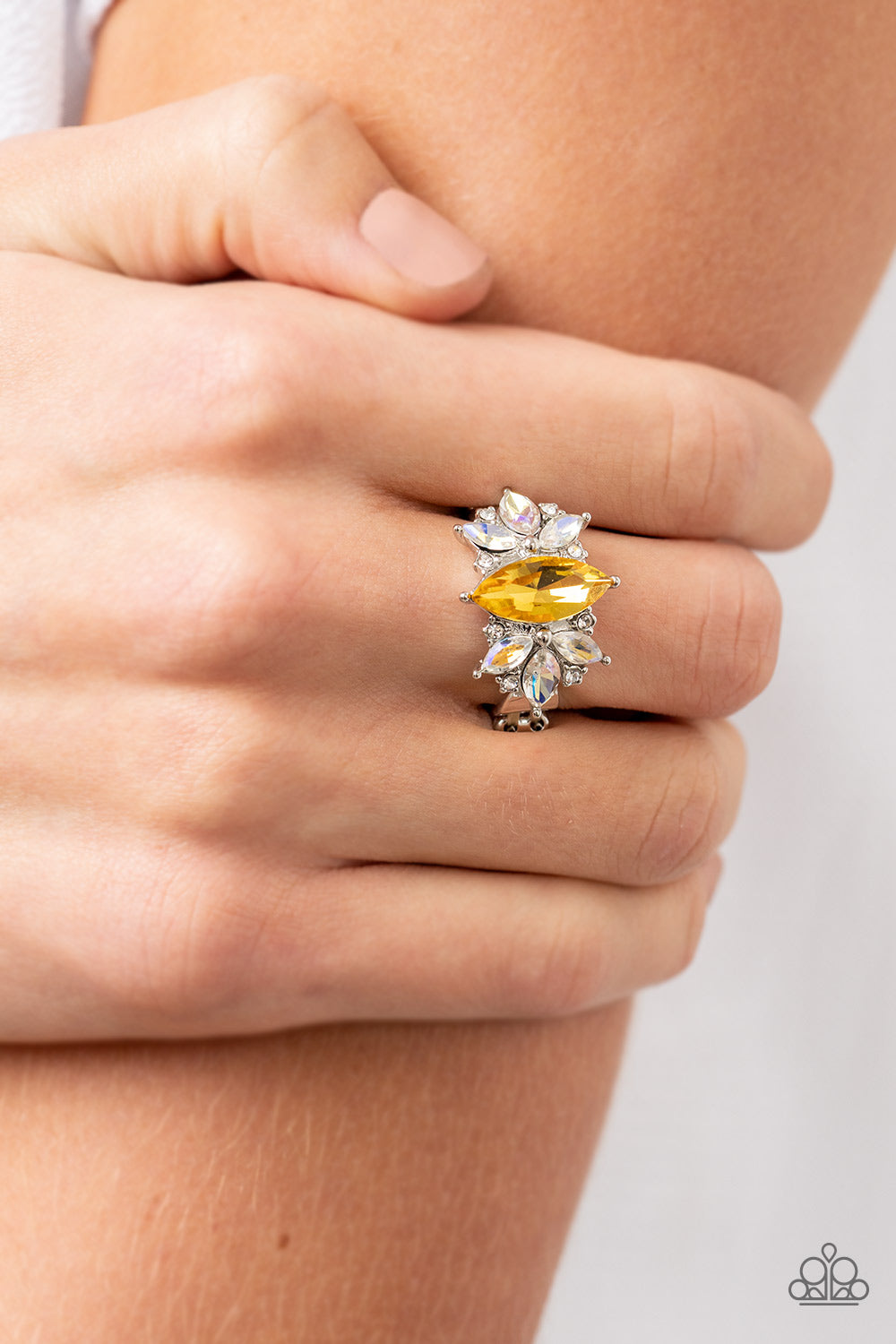 LUXURY LUSTER - YELLOW TOPAZ RHINESTONE MARQUISE IRIDESCENT RHINESTONES RING