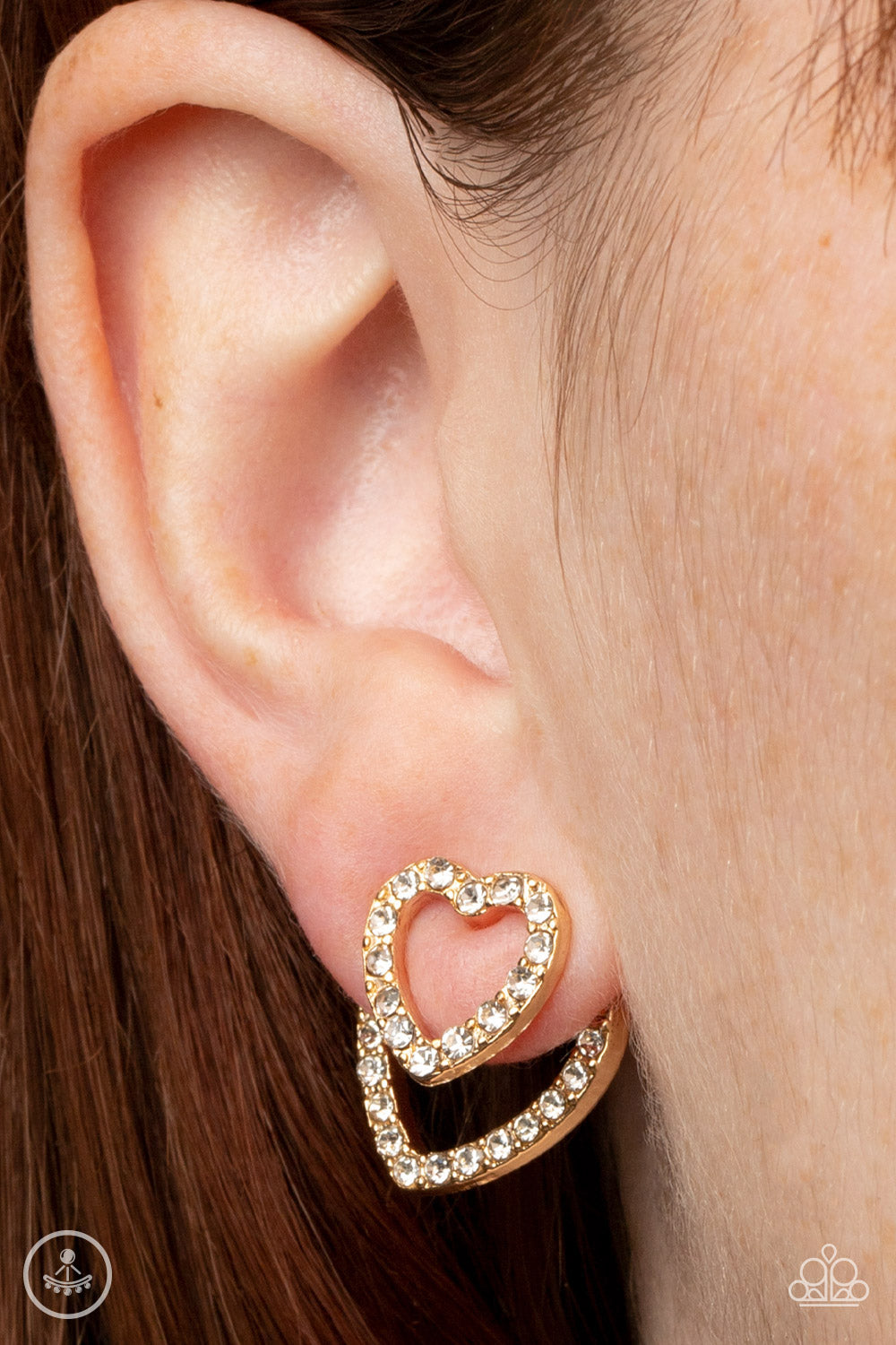 EVER ENAMORED - GOLD CLEAR RHINESTONES DOUBLE POST EAR JACKET HEART EARRINGS