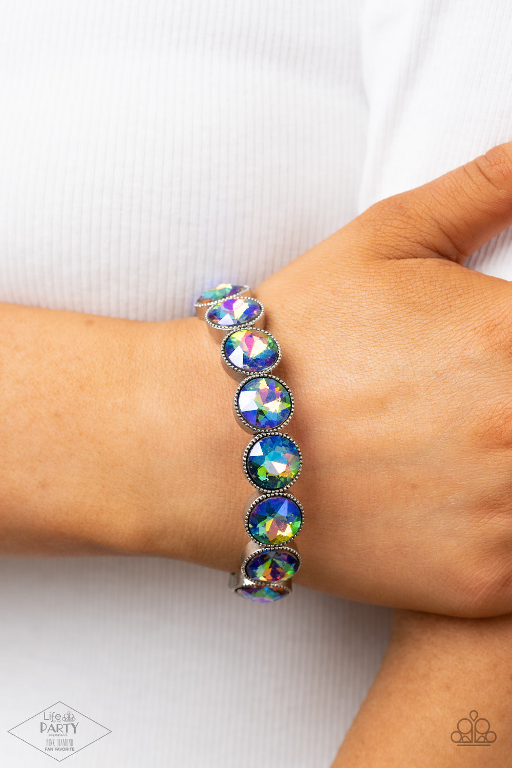 NUMBER ONE KNOCKOUT - MULTI IRIDESCENT OIL SPILL RHINESTONES STRETCH INFINITY BRACELET