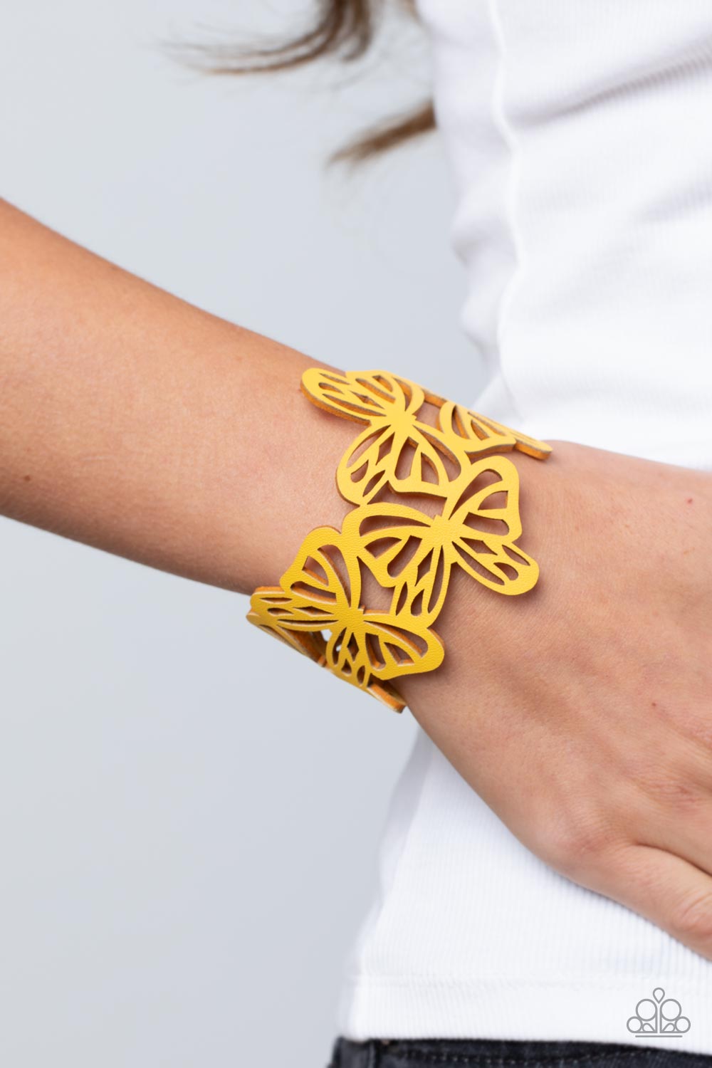 BUTTERFLY BREEZE - YELLOW CUTOUT BUTTERFLIES LEATHER WRAP BRACELET