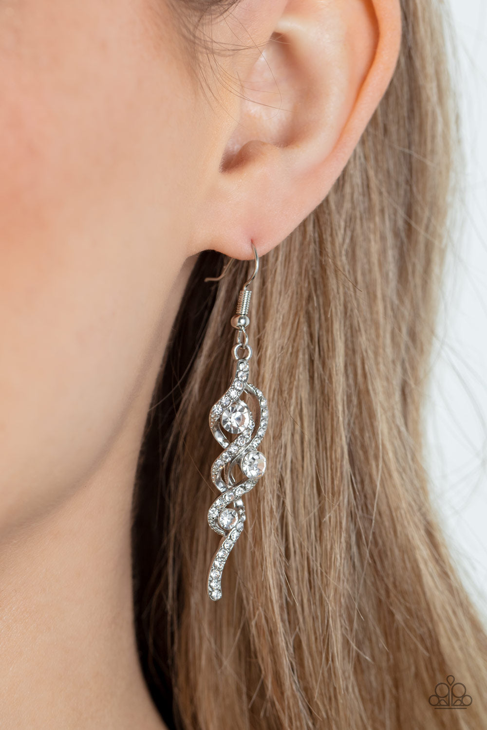 HIGHLY FLAMMABLE - WHITE CLEAR RHINESTONES SILVER FLAME TWIRL EARRINGS