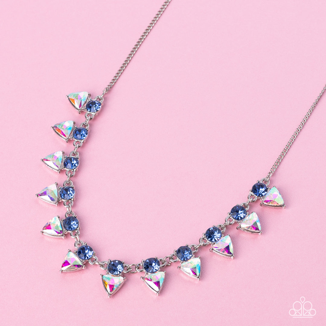 RAZOR-SHARP REFINEMENT - BLUE AND IRIDESCENT TRIANGLE RHINESTONES NECKLACE