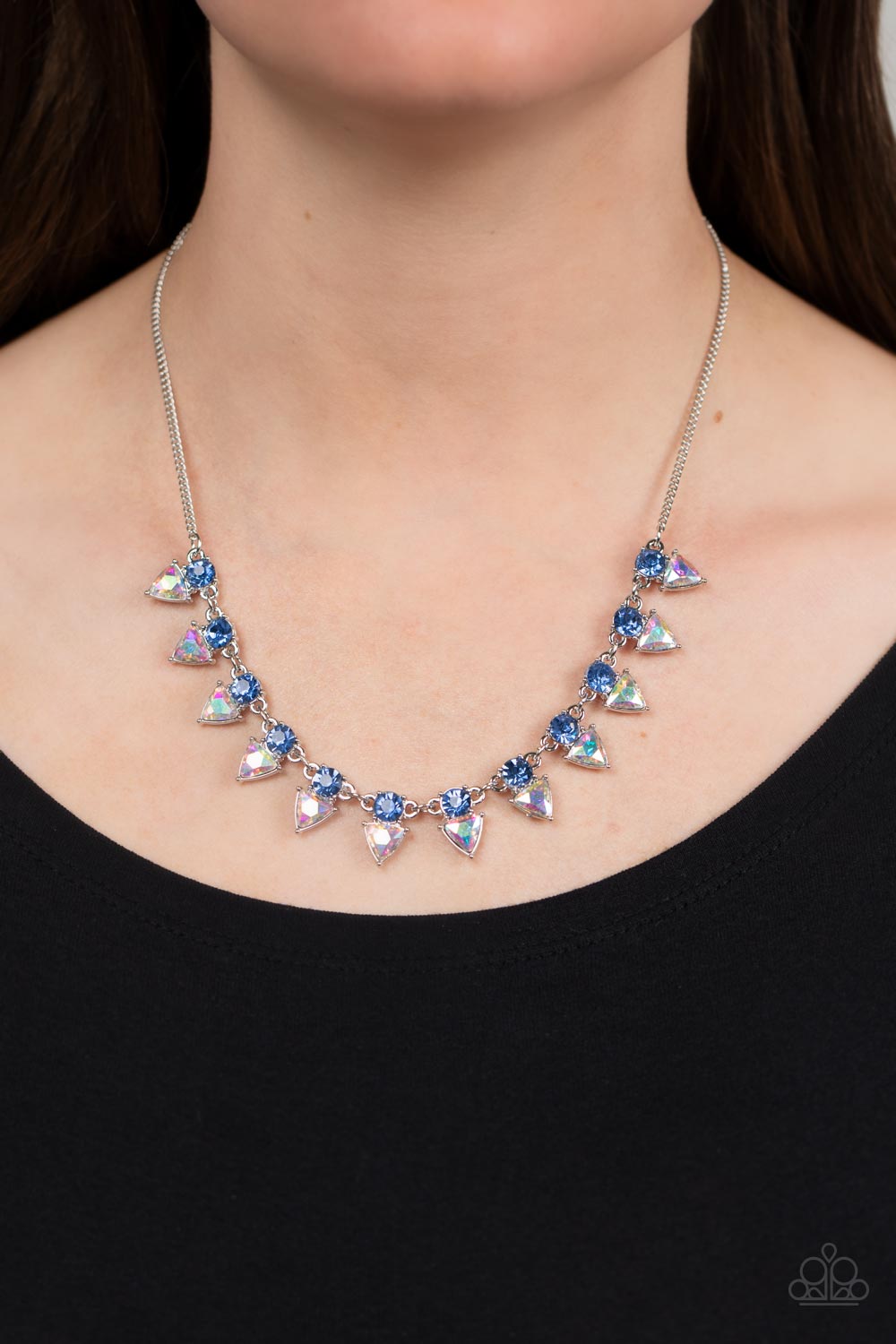 RAZOR-SHARP REFINEMENT - BLUE AND IRIDESCENT TRIANGLE RHINESTONES NECKLACE