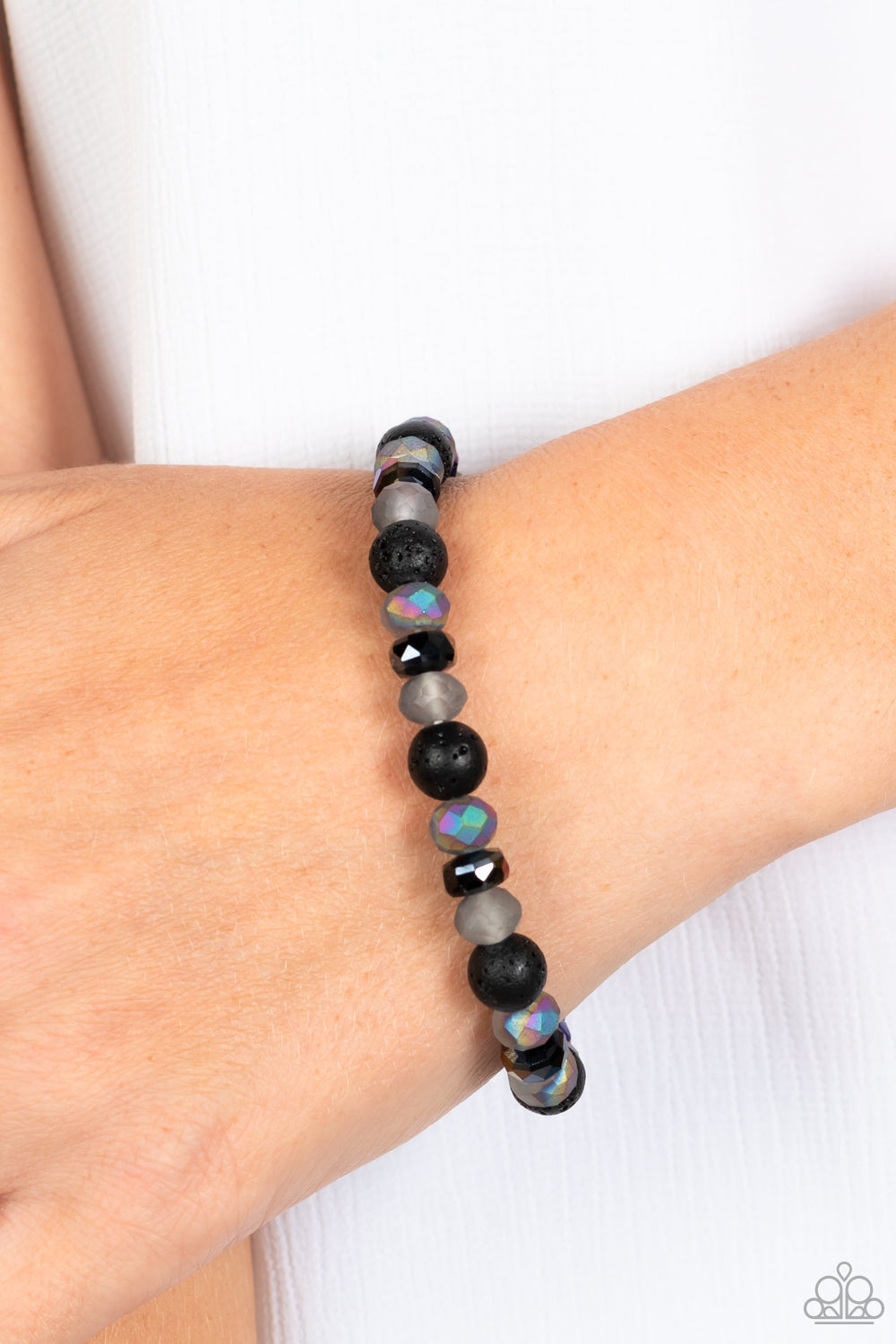 ENDLESS LAVA - MULTI OIL SPILL IRIDESCENT RAINBOW METAL STRETCH LAVA STONE BRACELET