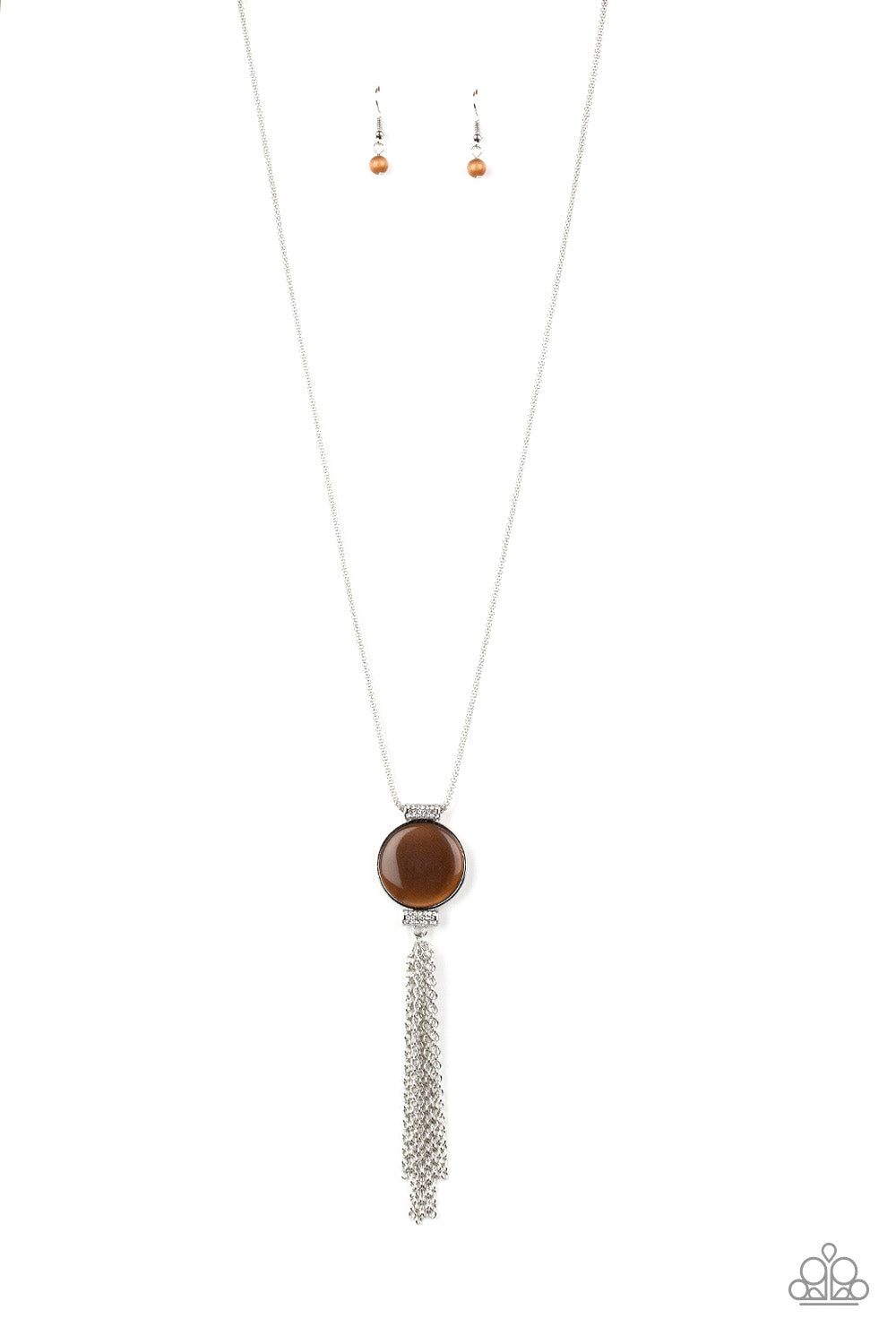 HAPPY AS CAN BEAM - BROWN CAT EYE SILVER TASSEL NECKLACE