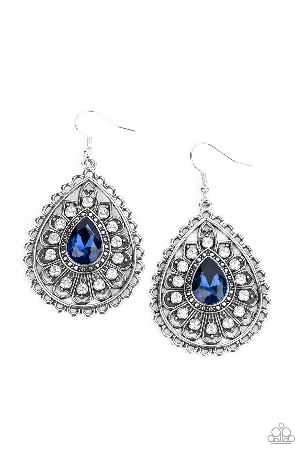 EAT, DRINK, AND BEAM MERRY - BLUE SAPPHIRE CLEAR RHINESTONES TEARDROP SCALLOPED EARRINGS