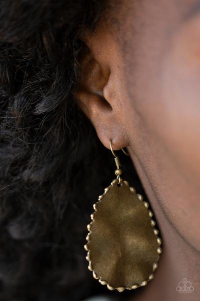 TRAIL WARE - BRASS TEARDROP CRINKLE SCALLOPED EDGES FOIL EARRINGS