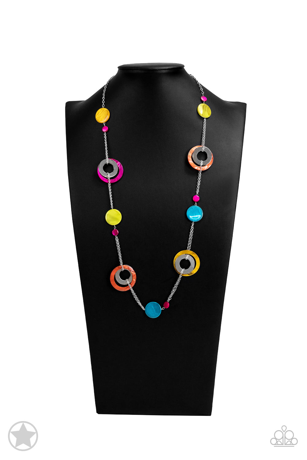 KALEIDOSCOPICALLY CAPTIVATING - MULTI COLOR NEON SHELLS PINK BLUE ORANGE YELLOW NECKLACE SET