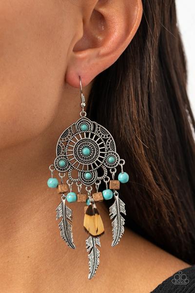 DESERT PLAINS - BLUE TURQUOISE WOODEN BEADS FEATHER DISC TRIBAL EARRINGS