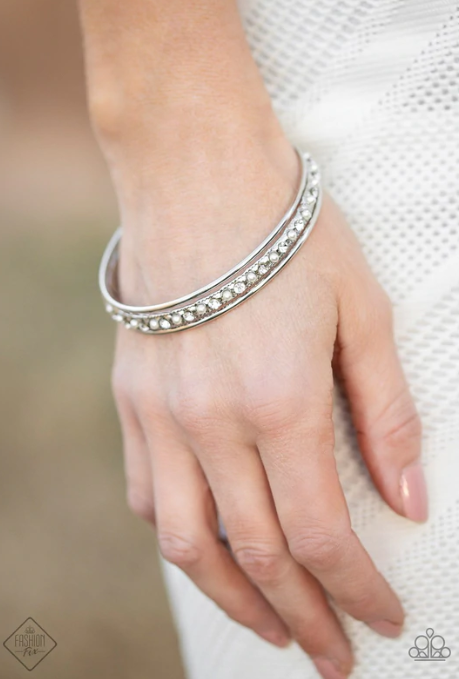 BALLROOM BAUBLE - WHITE PEARLS AND RHINESTONES BANGLE BRACELET