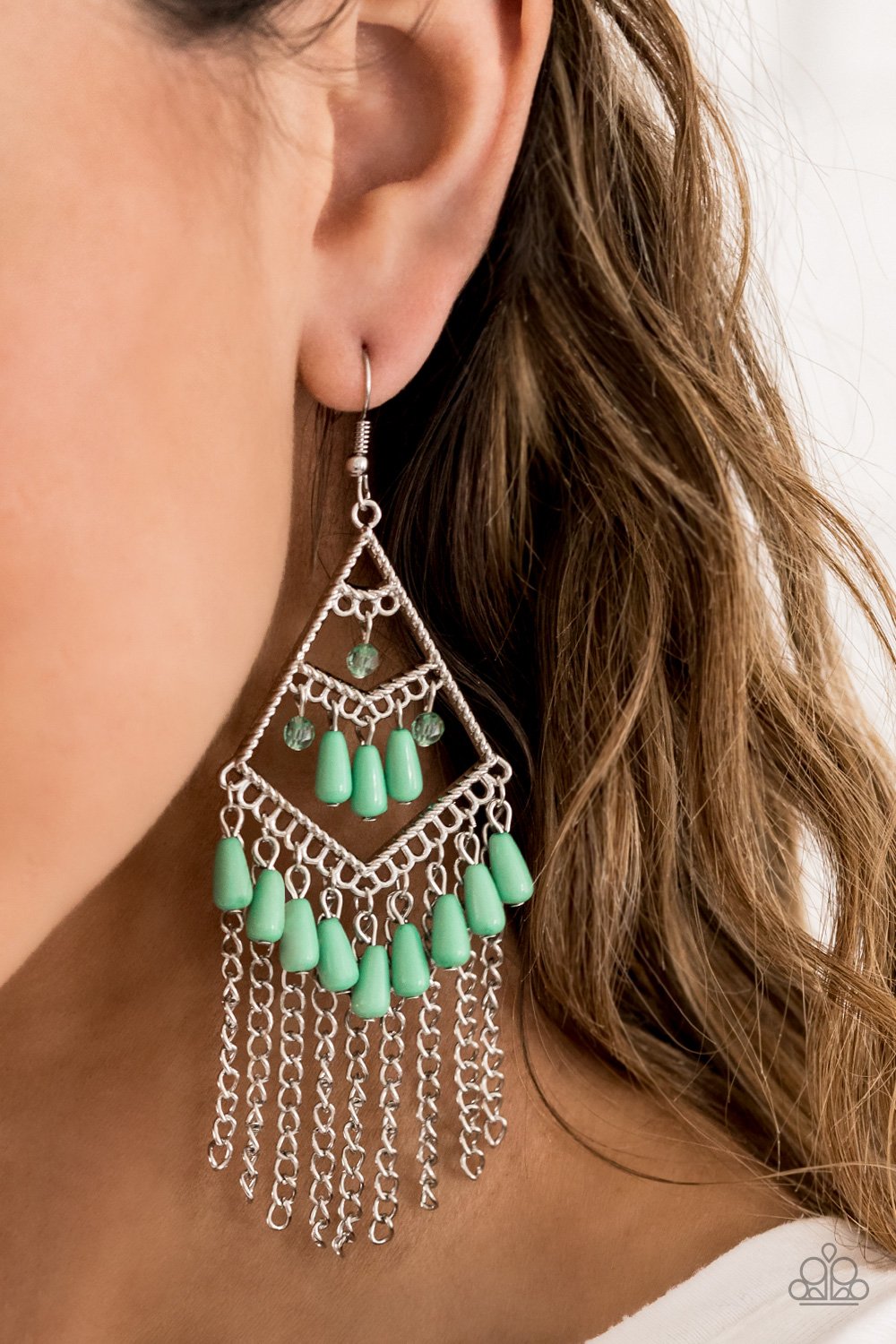 TRENDING TRANSCENDENCE - GREEN MIND GREEN BEADS SILVER CHAIN TASSELS EARRINGS