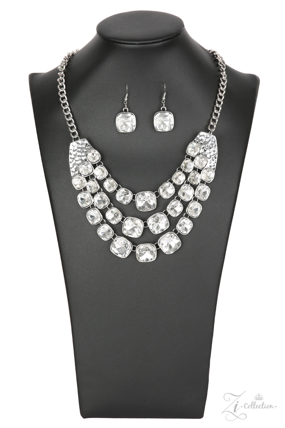 UNSTOPPABLE - WHITE GRADUATING SQUARE RHINESTONES SILVER SHORT 2018 ZI NECKLACE