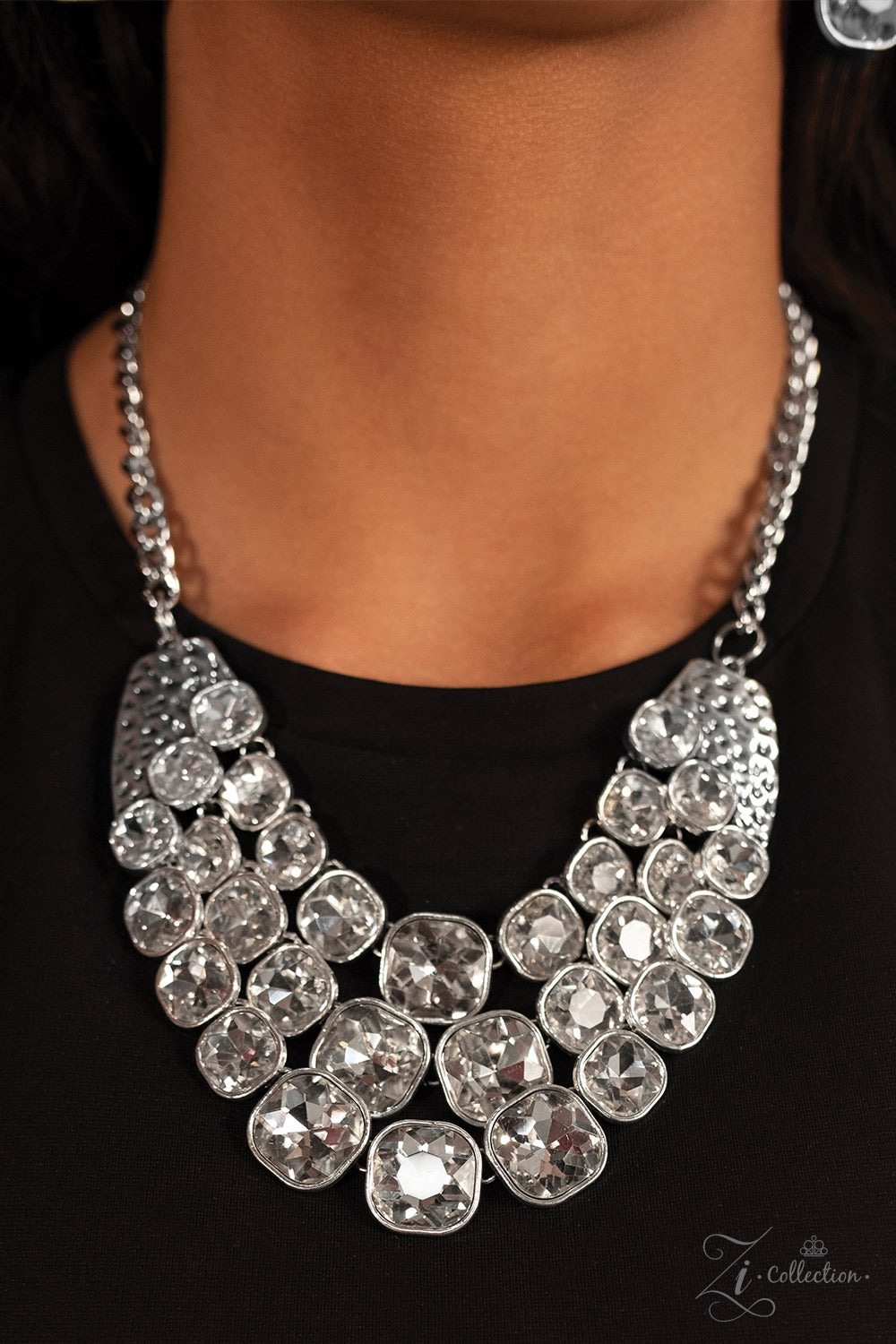 UNSTOPPABLE - WHITE GRADUATING SQUARE RHINESTONES SILVER SHORT 2018 ZI NECKLACE