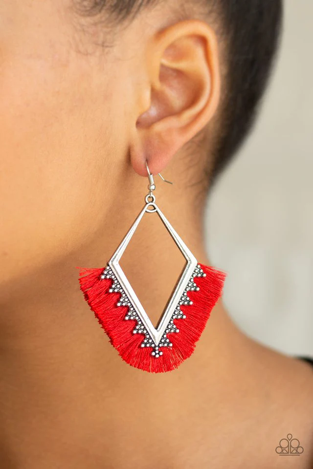 WHEN IN PERU - RED FRINGE DIAMOND SHAPE SILVER EARRINGS