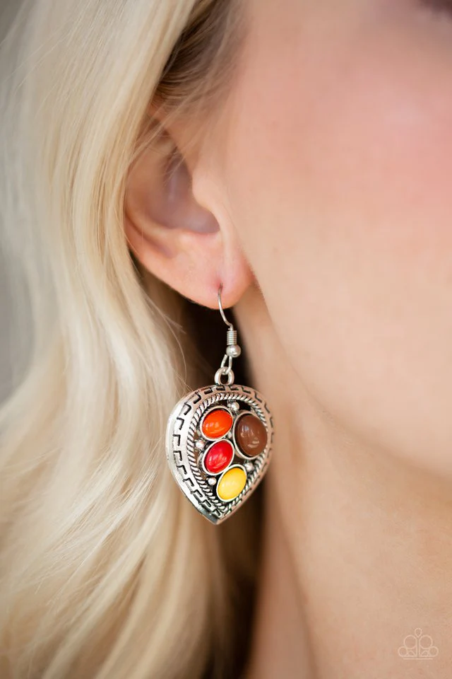 WILD HEART WONDER - MULTI ORANGE RED YELLOW BROWN SILVER HEART-SHAPED EARRINGS