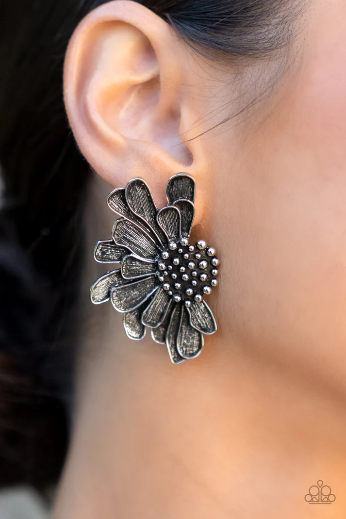 FARMSTEAD MEADOW- SILVER HALF FLOWER SUNFLOWER DAISY POST EARRINGS