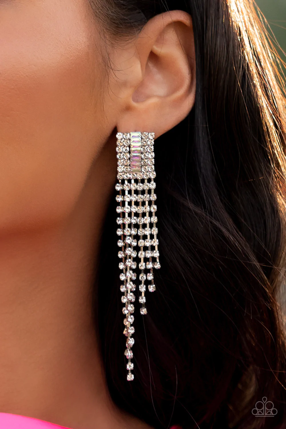 A-LISTER AFFIRMATIONS - MULTI IRIDESCENT RHINESTONES CHAIN FRINGE LIFE OF THE PARTY EARRINGS