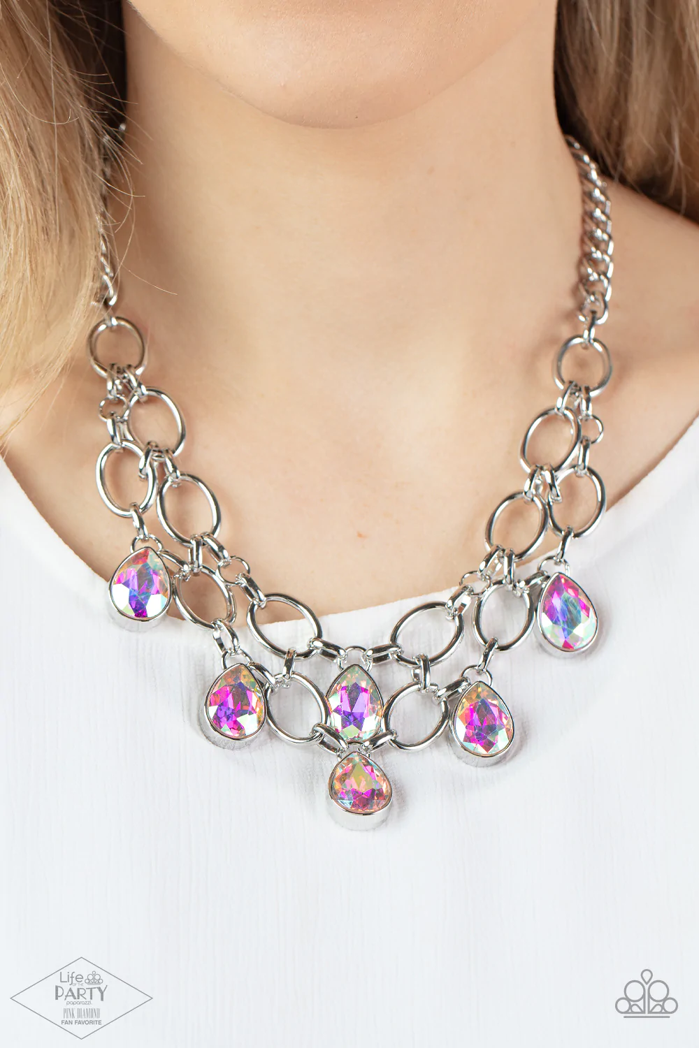 SHOW-STOPPING SHIMMER - MULTI IRIDESCENT TEARDROP RHINESTONES FRINGE NECKLACE