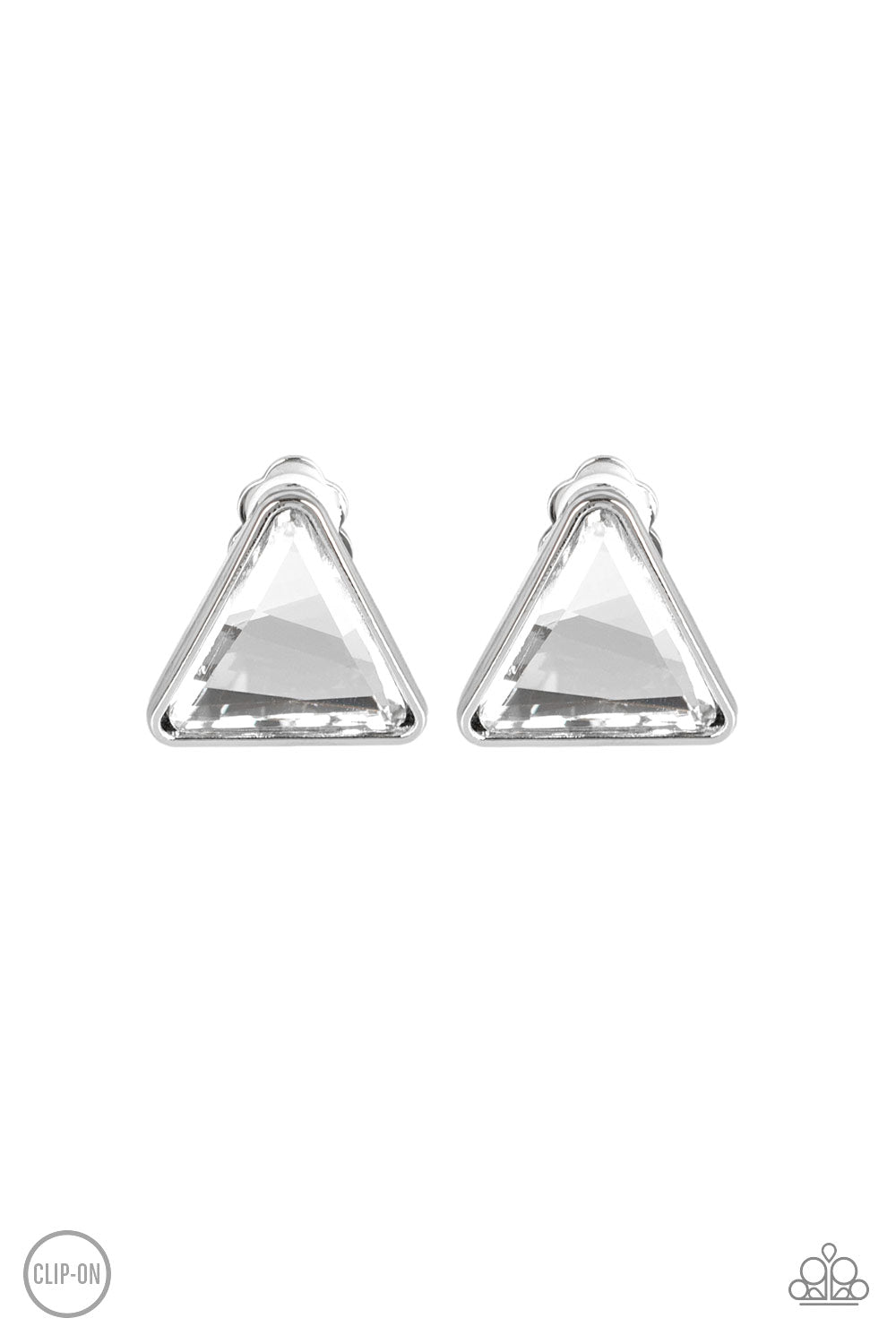 TIMELESS IN TRIANGLES - WHITE RHINESTONE TRIANGLE PYRAMID CLIP ON EARRINGS
