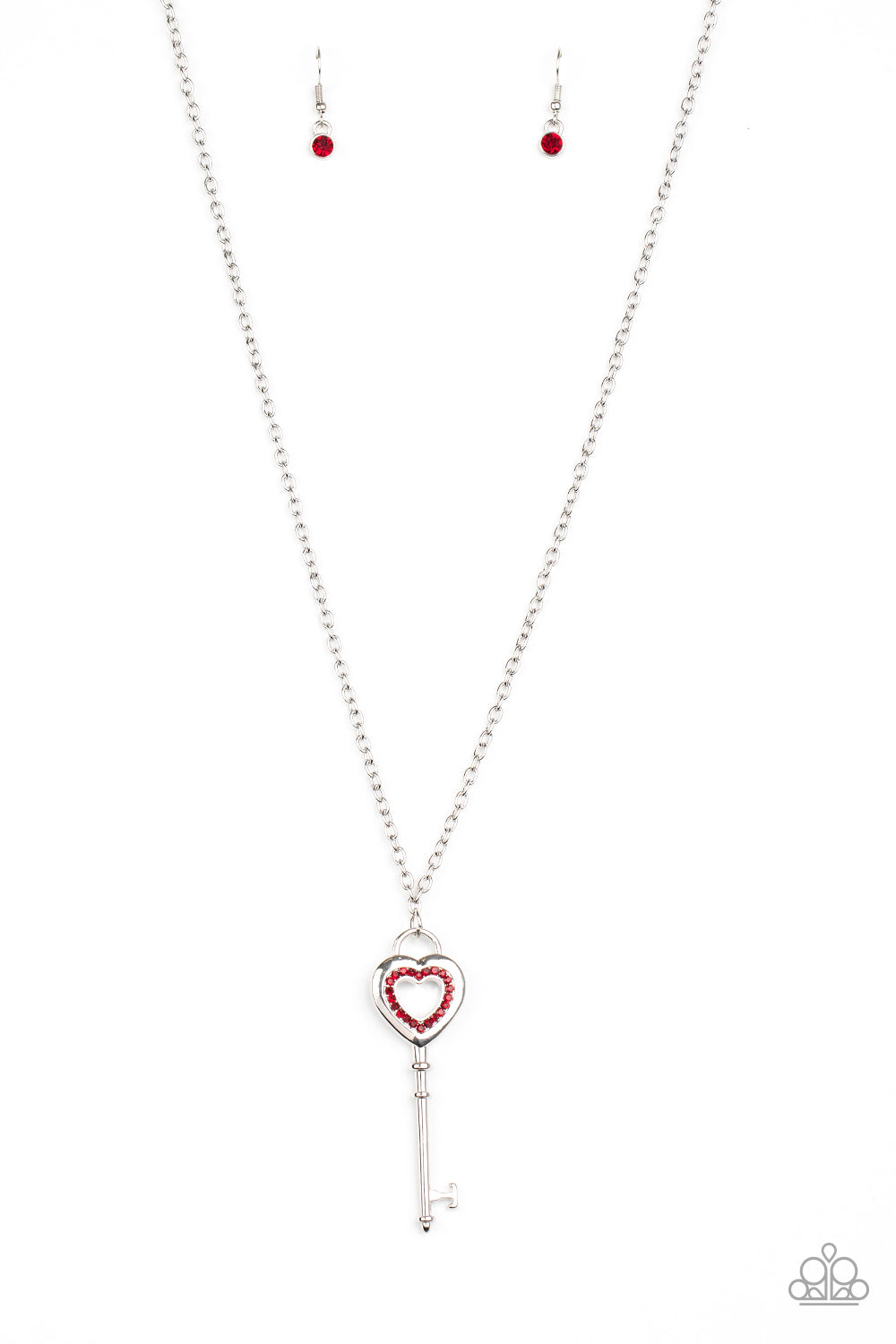 UNLOCK YOUR HEART - RED RUBY RHINESTONES SILVER KEY NECKLACE