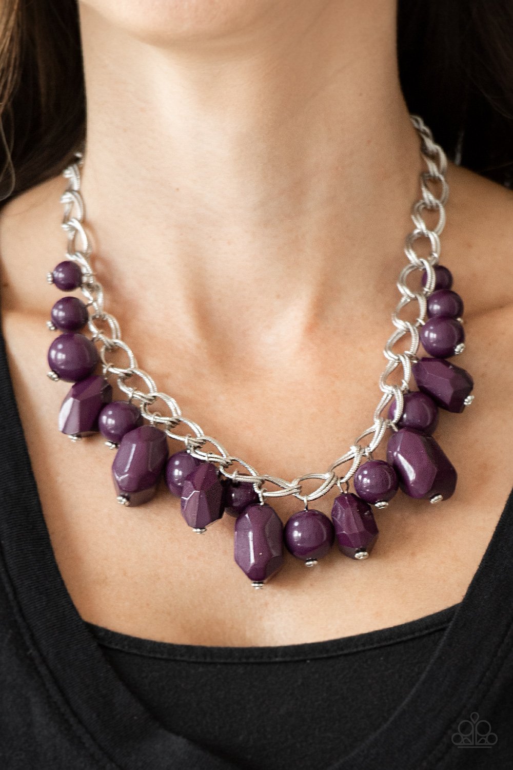 GORGEOUSLY GLOBETROTTER - PURPLE BEADS ACRYLIC FRINGE NECKLACE