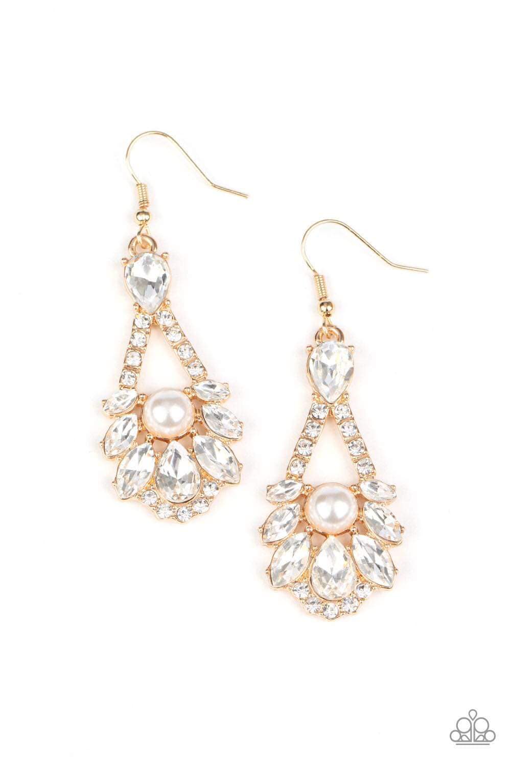 PRISMATIC PRESENCE - GOLD WHITE PEARLS CRYSTAL RHINESTONES PENDANT LIFE OF THE PARTY EARRINGS