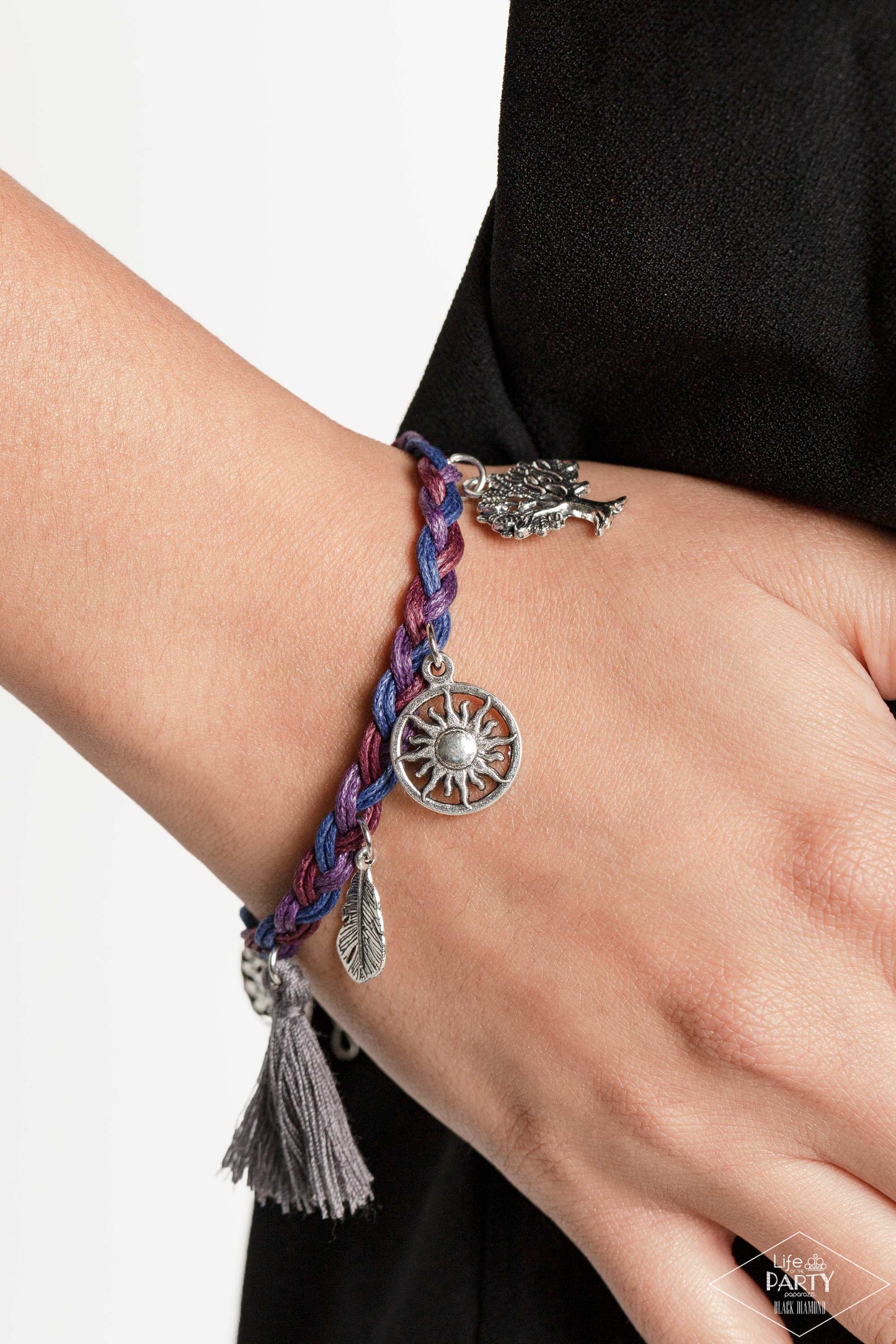 OUTDOOR ENTHUSIAST - MULTI BRAIDED CORD TASSEL TREE FEATHER CHARMS BRACELET