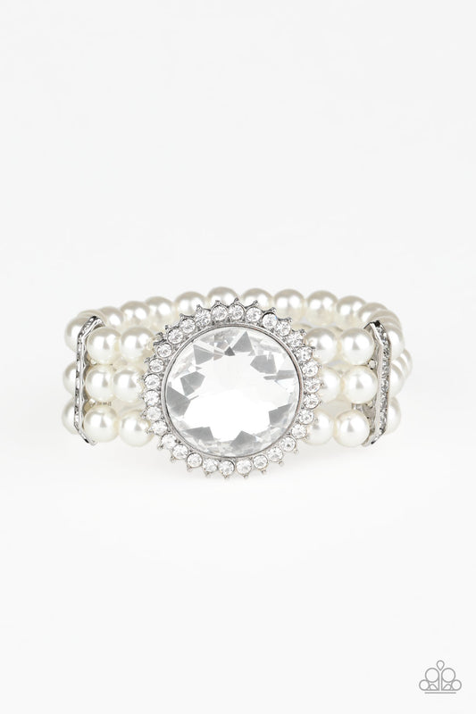 SPEECHLESS SPARKLE - WHITE PEARLS 3 LAYER STRETCH LARGE RHINESTONE BRACELET