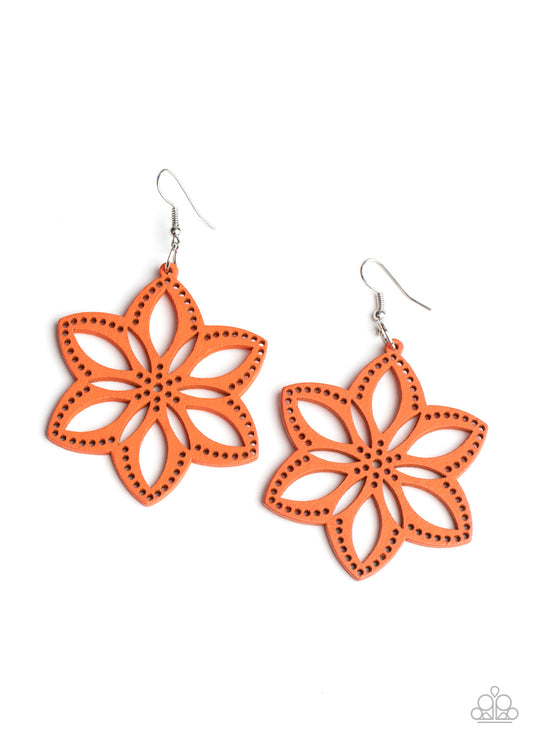 BAHAMA BLOSSOMS - ORANGE FLOWER CUT OUT WOODEN EARRINGS
