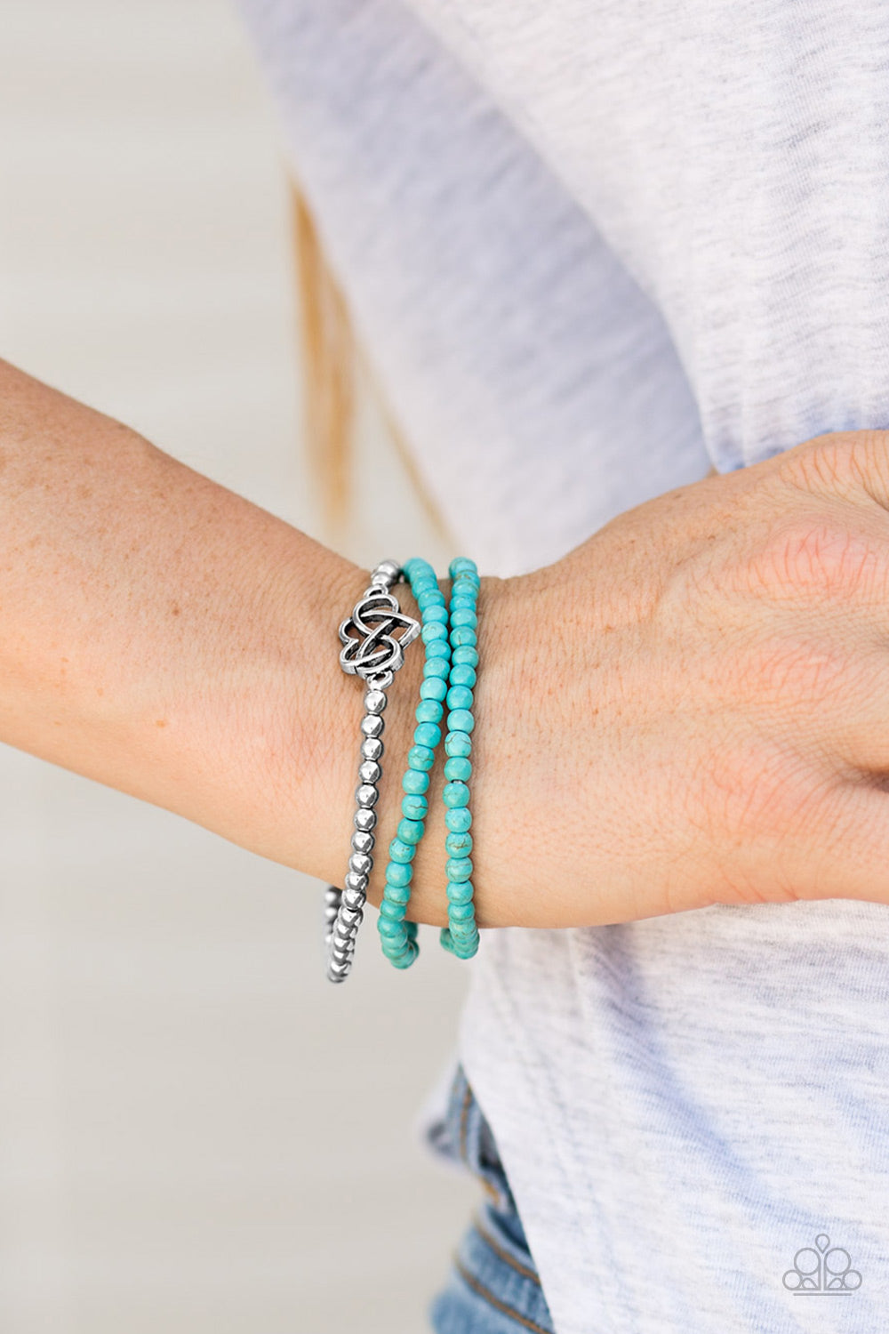 COLLECT MOMENTS - BLUE TURQUOISE AND SILVER STETCH INFINITY HEART BRACELET SET