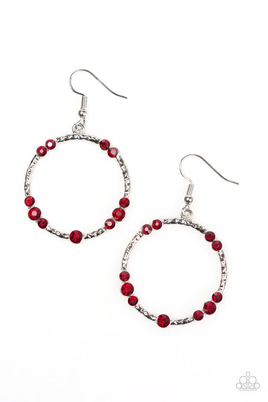 GLITTER GATHERING - RED RUBY RHINESTONES SILVER CIRCLE HOOP EARRINGS