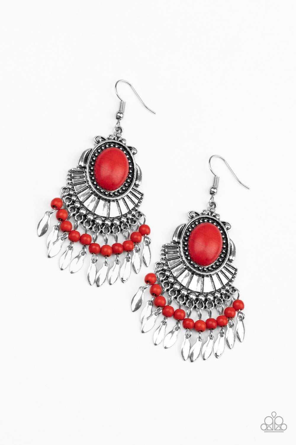 ECO TRIP - RED TURQUOISE SILVER FRINGE EARRINGS