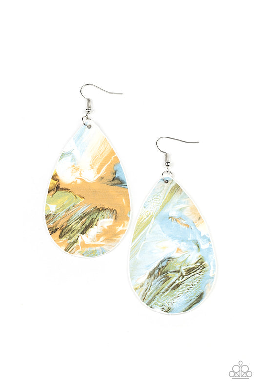 MESMERIZING MOSAIC - MULTI WHITE TAN GREEN BLUE ABSTRACT LEATHER TEARDROP EARRINGS