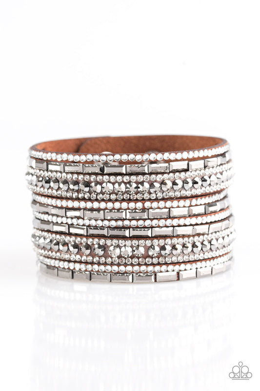 WHAM BAM GLAM - BROWN FELT WHITE RHINESTONES WIDE SINGLE WRAP BRACELET