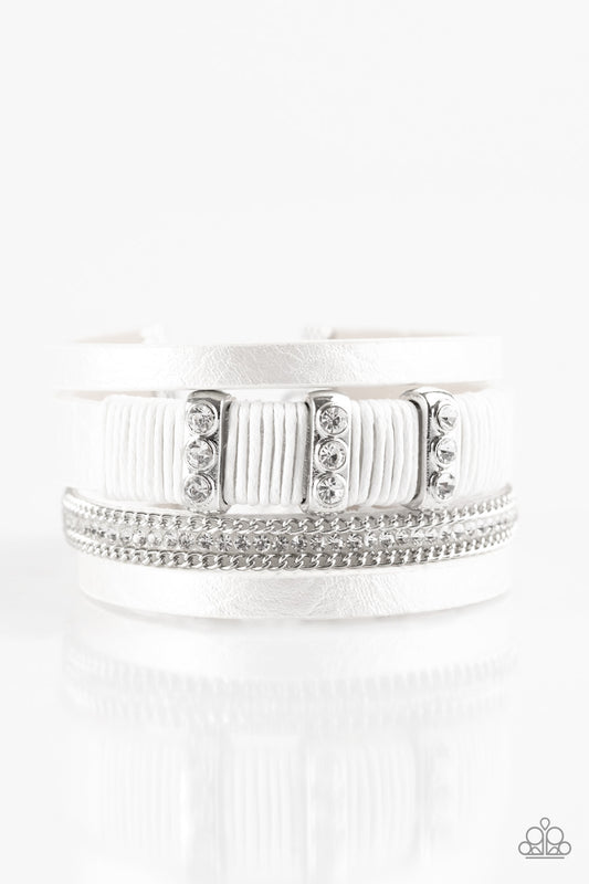 FAME NIGHT - WHITE LEATHER TWINE RHINESTONES WRAP BRACELET