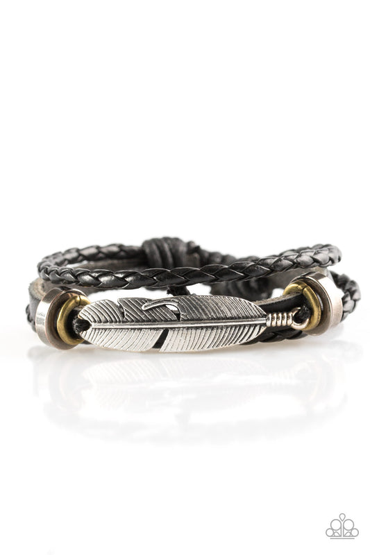 AERO ADVENTURE - BLACK LEATHER SILVER FEATHER DRAW STRING URBAN BRACELET
